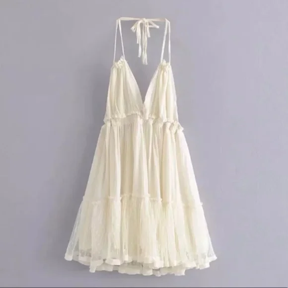 SOLD OUT Ivory Swiss Dot Mesh Boho Halter Mini Dress - Picture 6 of 6